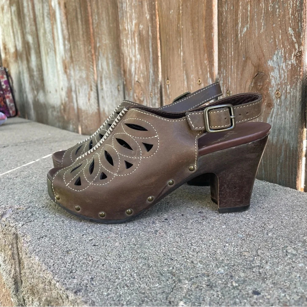 DANSKO Women’s Brown Leather Open Toe Platform Chunky Heel Shoe Size 37